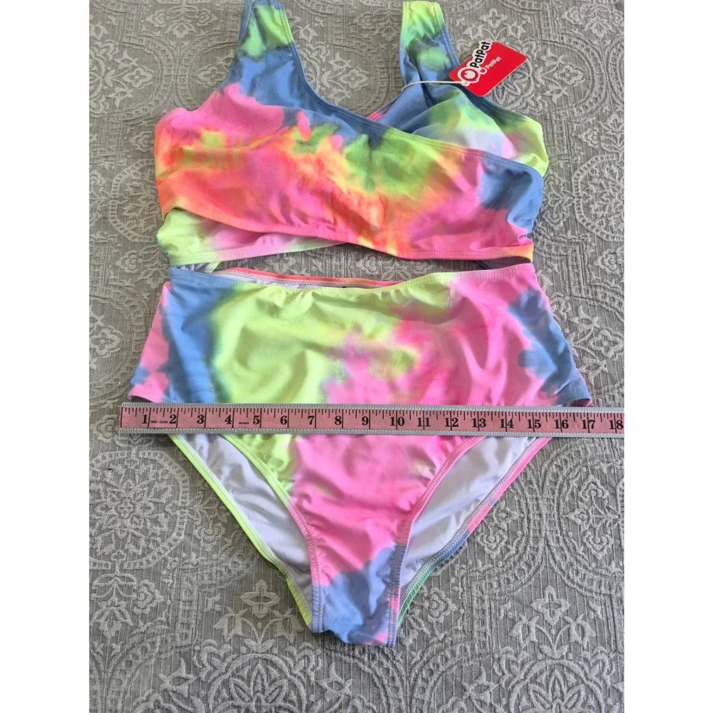 PatPat Womens Tie Dye High Waisted Two Piece Swimsuit Neon Pink Blue XL NWT - Picture 2 of 5